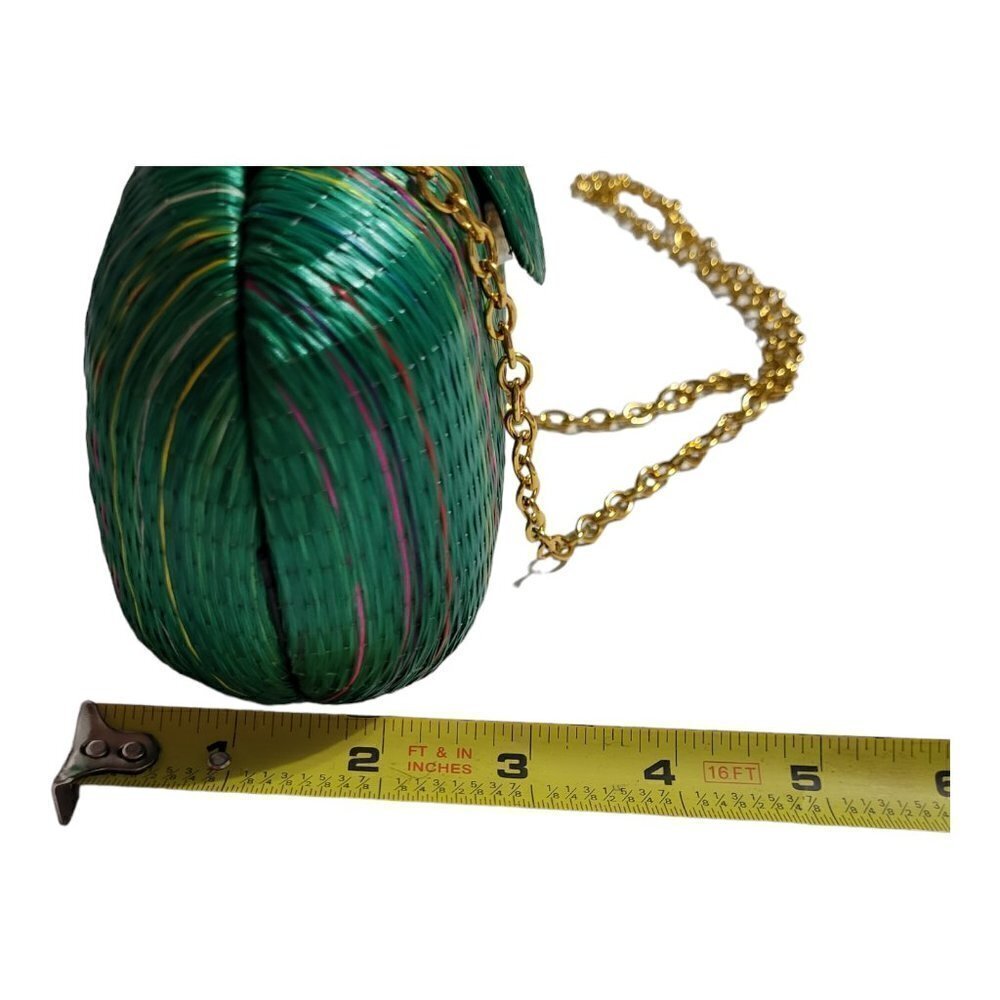 Green Raffia Shoulder Purse Gold Tone Chain Strap Striped With Snap Closure Bag - Picture 8 of 10